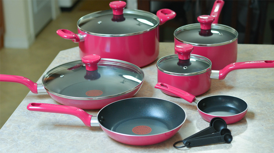 Fingerhut - T-fal Excite 14-Pc. Nonstick Aluminum Cookware Set - Pink